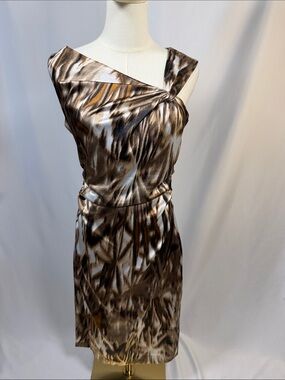 NWOT Maggy London One-Shoulder Brown and Cream Abstract Print Dress
